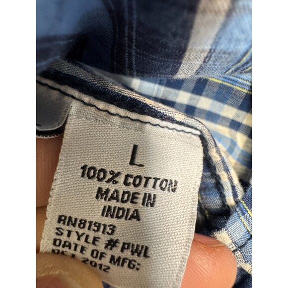 PD&C Men's Button Up Cotton Shirt Size L Blue White Plaid Long Sleeve Pockets - Picture 5 of 11